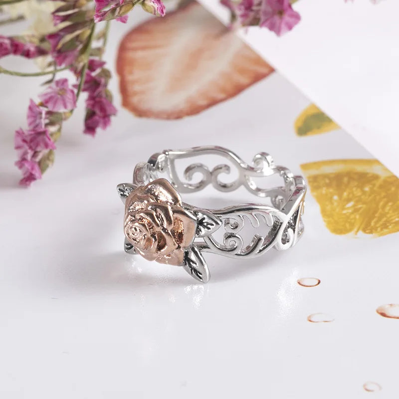 HUANZHI US Size 8 Silver Color Metal Hollow Rose Rings for Women Vintage Flower Couple Jewelry Gifts