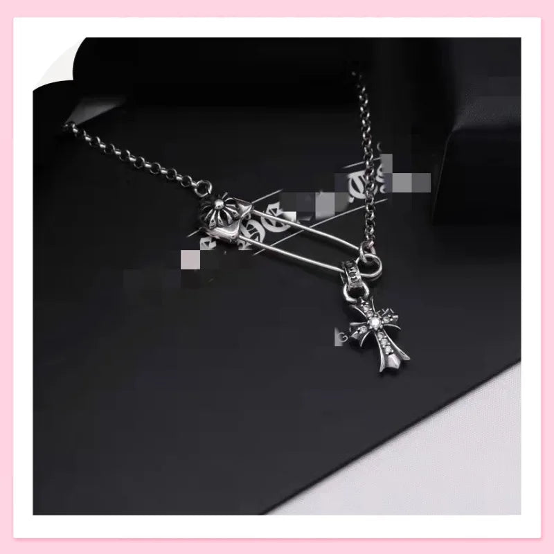 Thai Silver Diamond Mini Small Cross Pendant Pin Necklace Men's and Women's Vintage Punk Collarbone Chain
