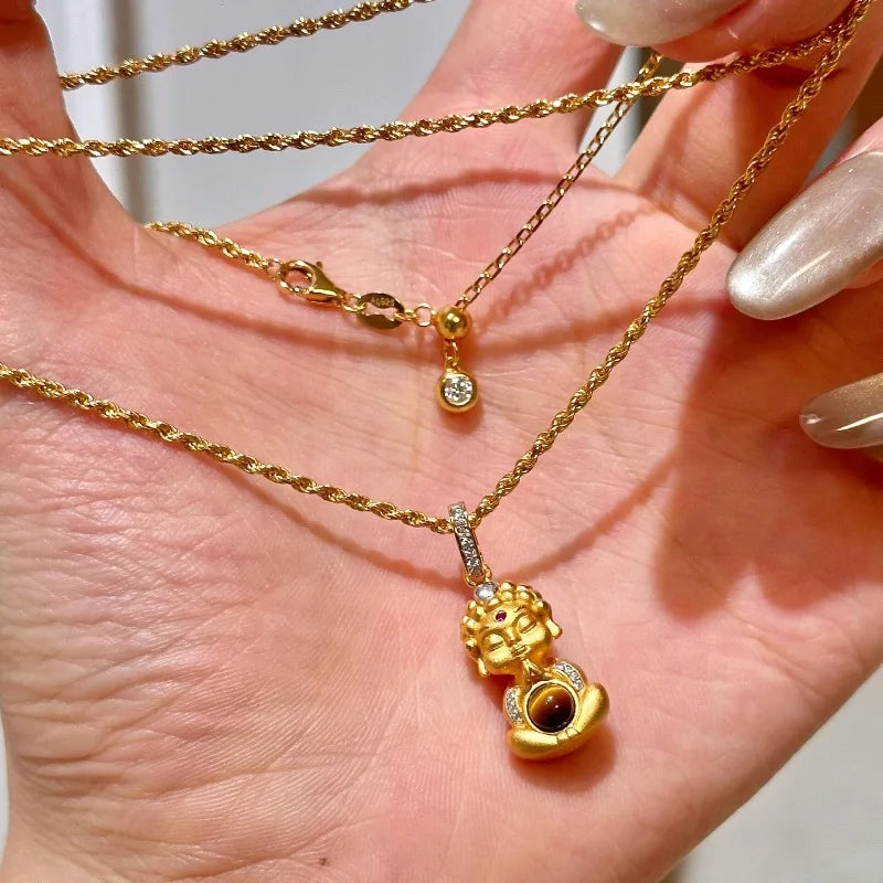 High quality Tiger Eye Stone Pendant Ancient Gold Crafts cute Buddha Necklaces Stereoscopic Chinese Style Retro Jewelry