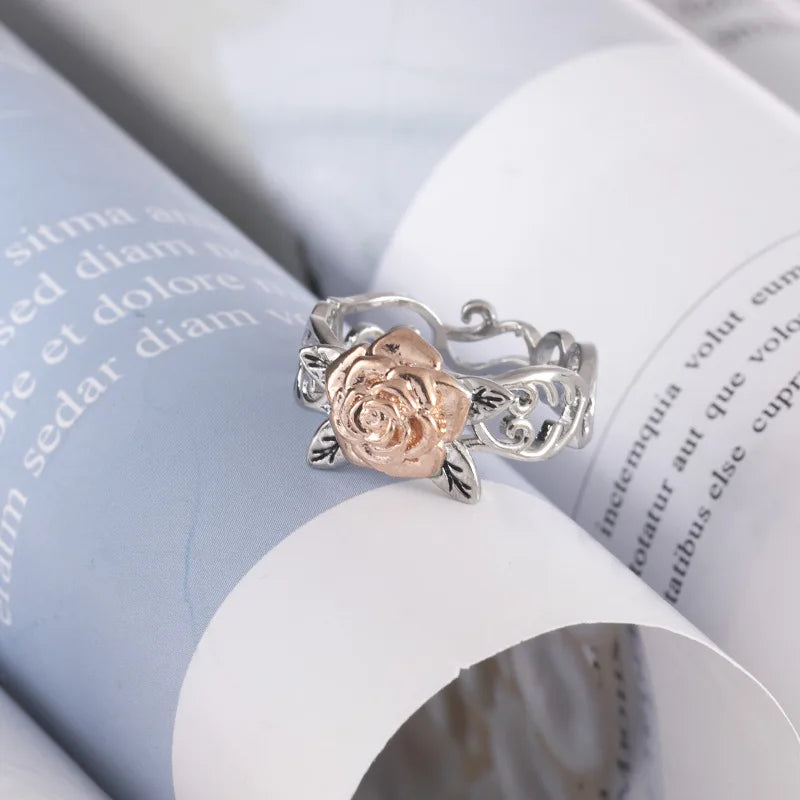 HUANZHI US Size 8 Silver Color Metal Hollow Rose Rings for Women Vintage Flower Couple Jewelry Gifts